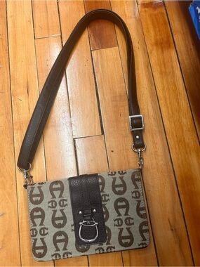 Vintage Etienne Aigner Monogram Crossbody Bag Brown Canvas Leather Clutch Y2K